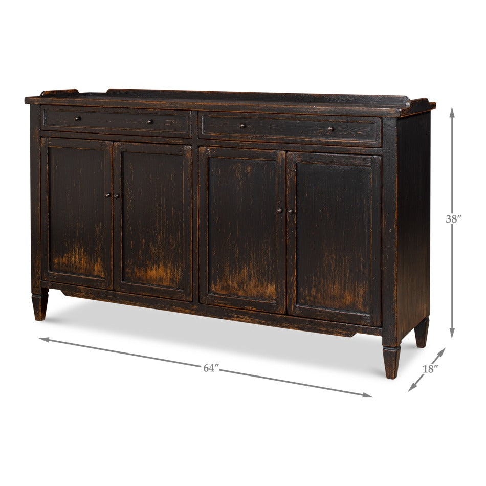 Transitional Country Antiqued Sideboard, 64" - Reclaimed Wood with Warm Distressing - dimension drawing