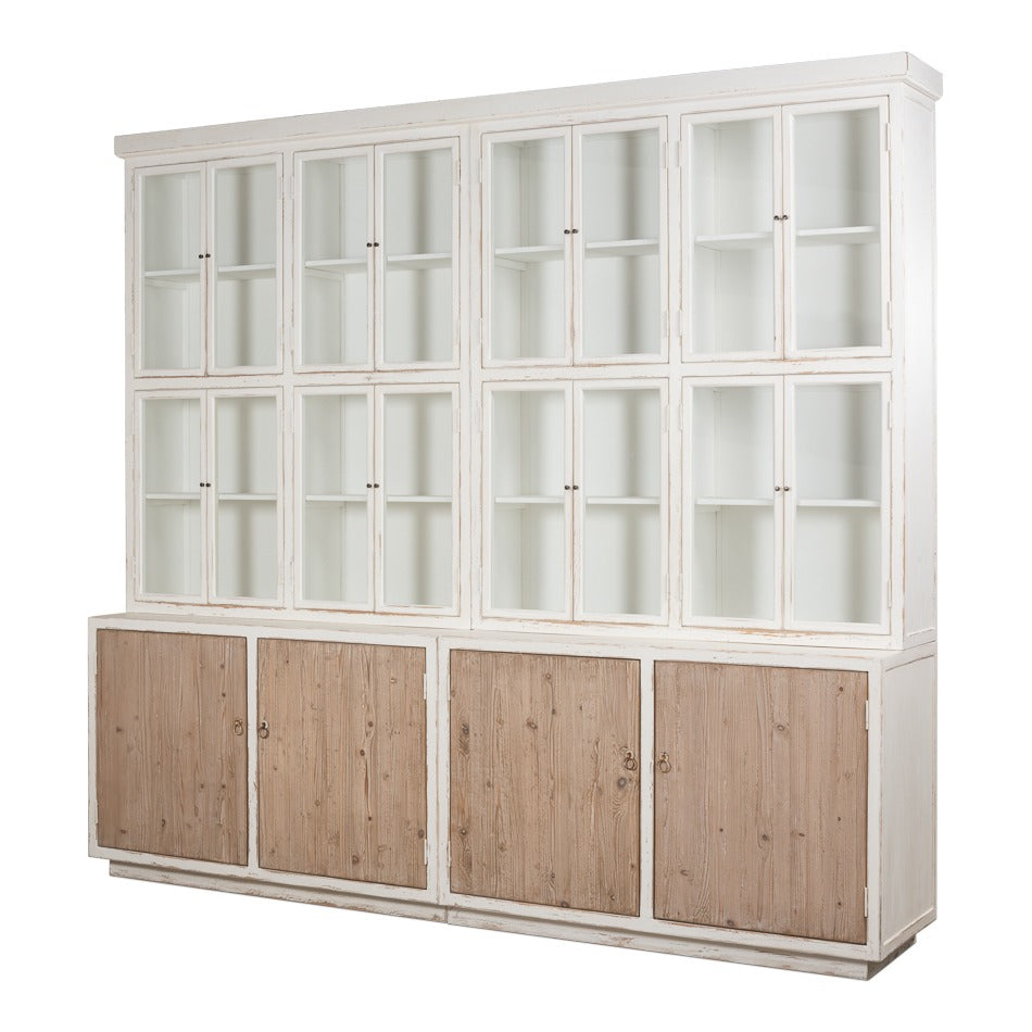 Large antique white farmhouse pine bookcase with eight divided-light glass doors above and four weathered wood plank cabinet doors below