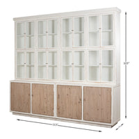 Farmhouse Pine Bookcase with Glass Doors and Weathered Wood Cabinet Base - dimension drawing