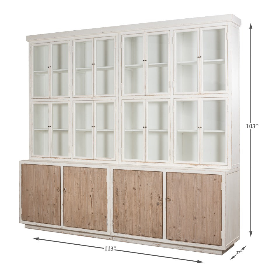 Farmhouse Pine Bookcase with Glass Doors and Weathered Wood Cabinet Base - dimension drawing