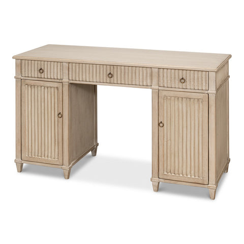 Reeded Pine Pedestal Desk in Stone Grey with Ring Pulls