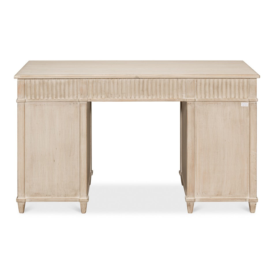 Reeded Pine Pedestal Desk in Stone Grey with Ring Pulls - additional view