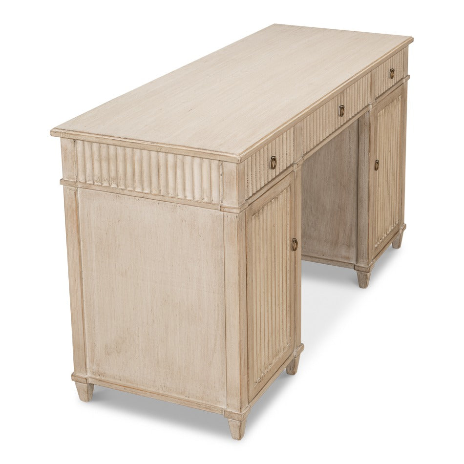 Reeded Pine Pedestal Desk in Stone Grey with Ring Pulls - additional view