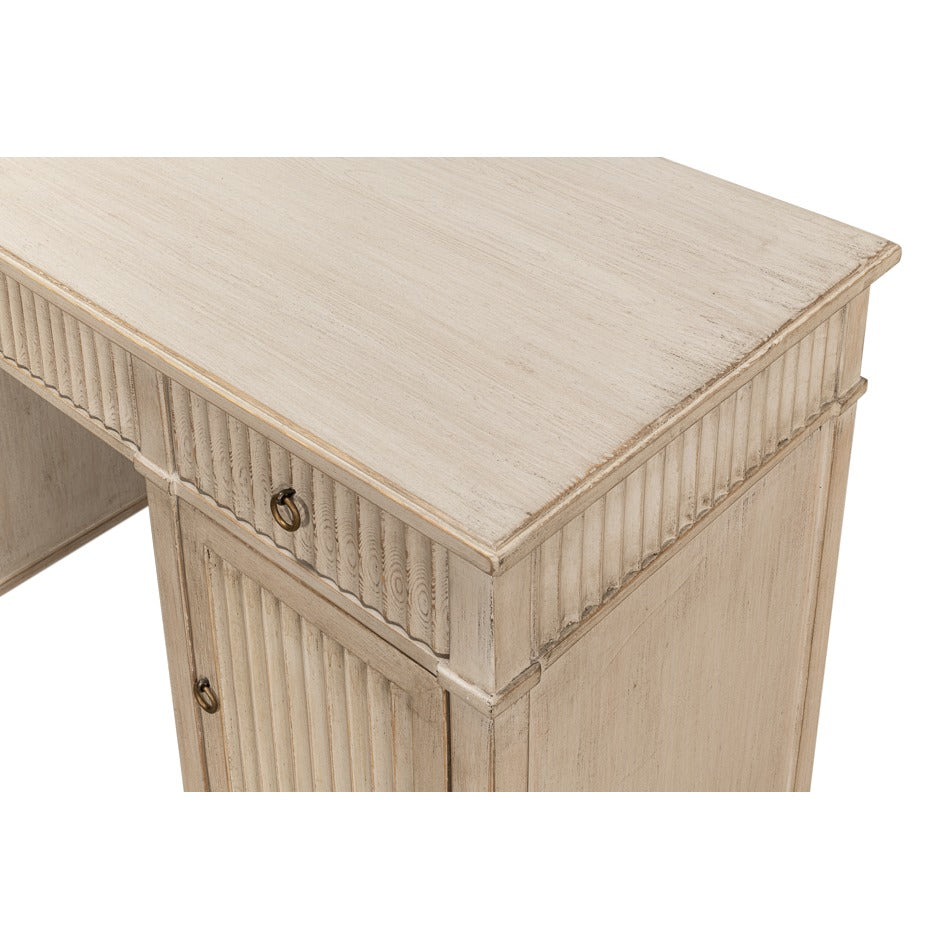 Reeded Pine Pedestal Desk in Stone Grey with Ring Pulls - additional view