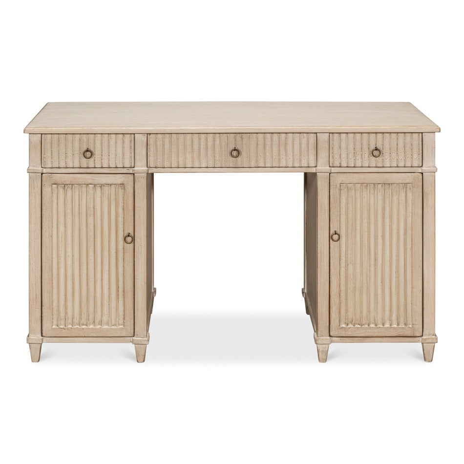 Reeded Pine Pedestal Desk in Stone Grey with Ring Pulls - additional view