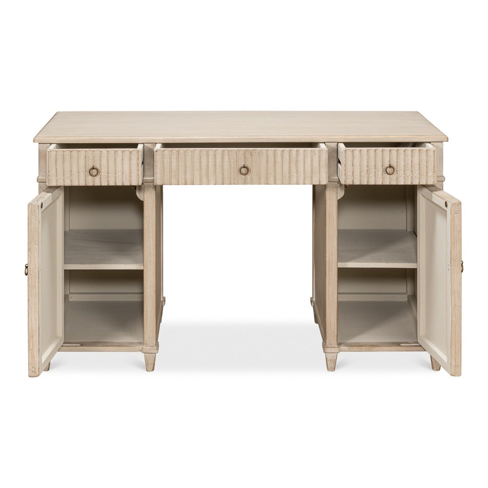 Reeded Pine Pedestal Desk in Stone Grey with Ring Pulls - additional view