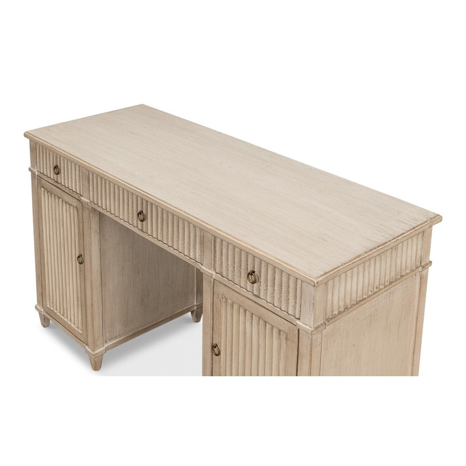 Reeded Pine Pedestal Desk in Stone Grey with Ring Pulls - additional view