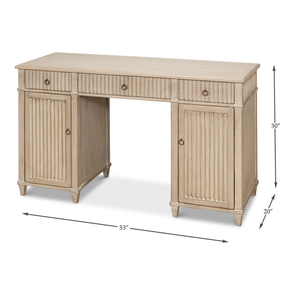 Reeded Pine Pedestal Desk in Stone Grey with Ring Pulls - dimension drawing