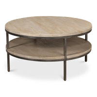 round two-tier mango wood coffee table in a vintage gray wash finish with lower display shelf