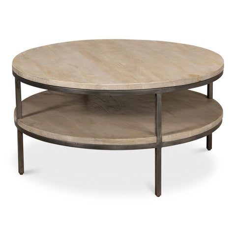 Industrial Two-Tier Round Coffee Table in Grey Wood and Iron