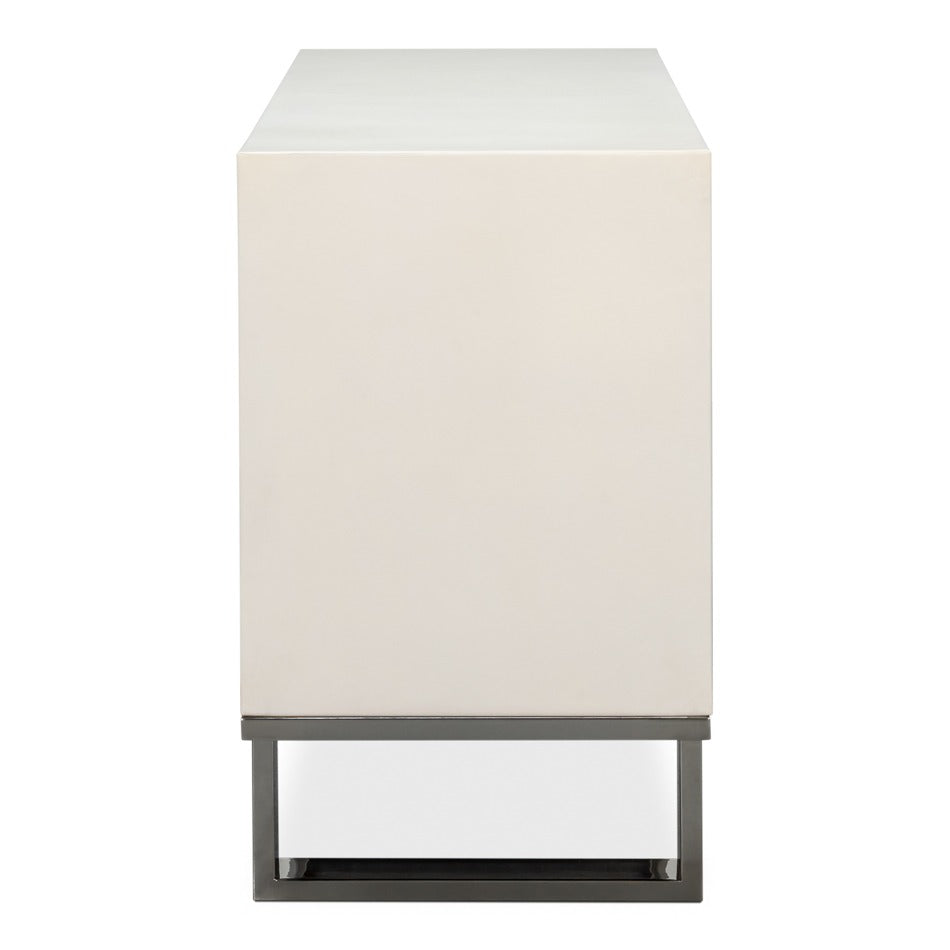 Small Embossed White Credenza – Textured Doors on Polished Metal Sled Base - additional view