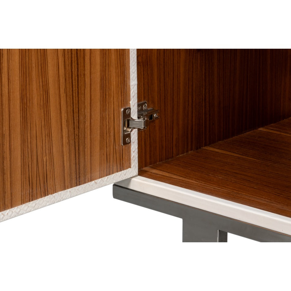 Small Embossed White Credenza – Textured Doors on Polished Metal Sled Base - additional view