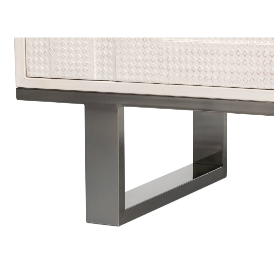 Small Embossed White Credenza – Textured Doors on Polished Metal Sled Base - additional view