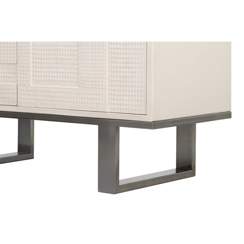 Small Embossed White Credenza – Textured Doors on Polished Metal Sled Base - additional view