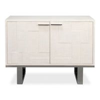 Small Embossed White Credenza – Textured Doors on Polished Metal Sled Base - additional view