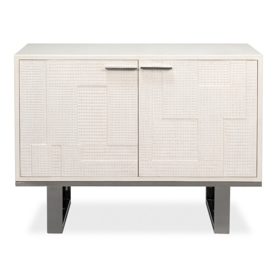 Small Embossed White Credenza – Textured Doors on Polished Metal Sled Base - additional view
