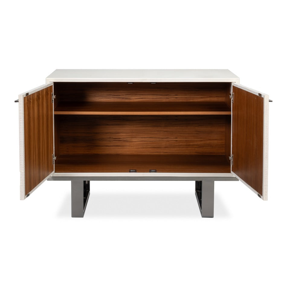 Small Embossed White Credenza – Textured Doors on Polished Metal Sled Base - additional view