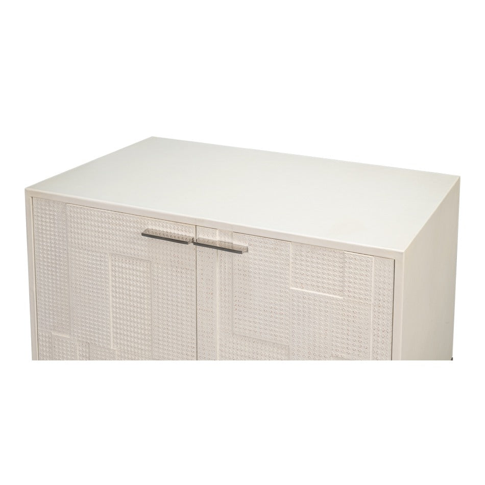 Small Embossed White Credenza – Textured Doors on Polished Metal Sled Base - additional view