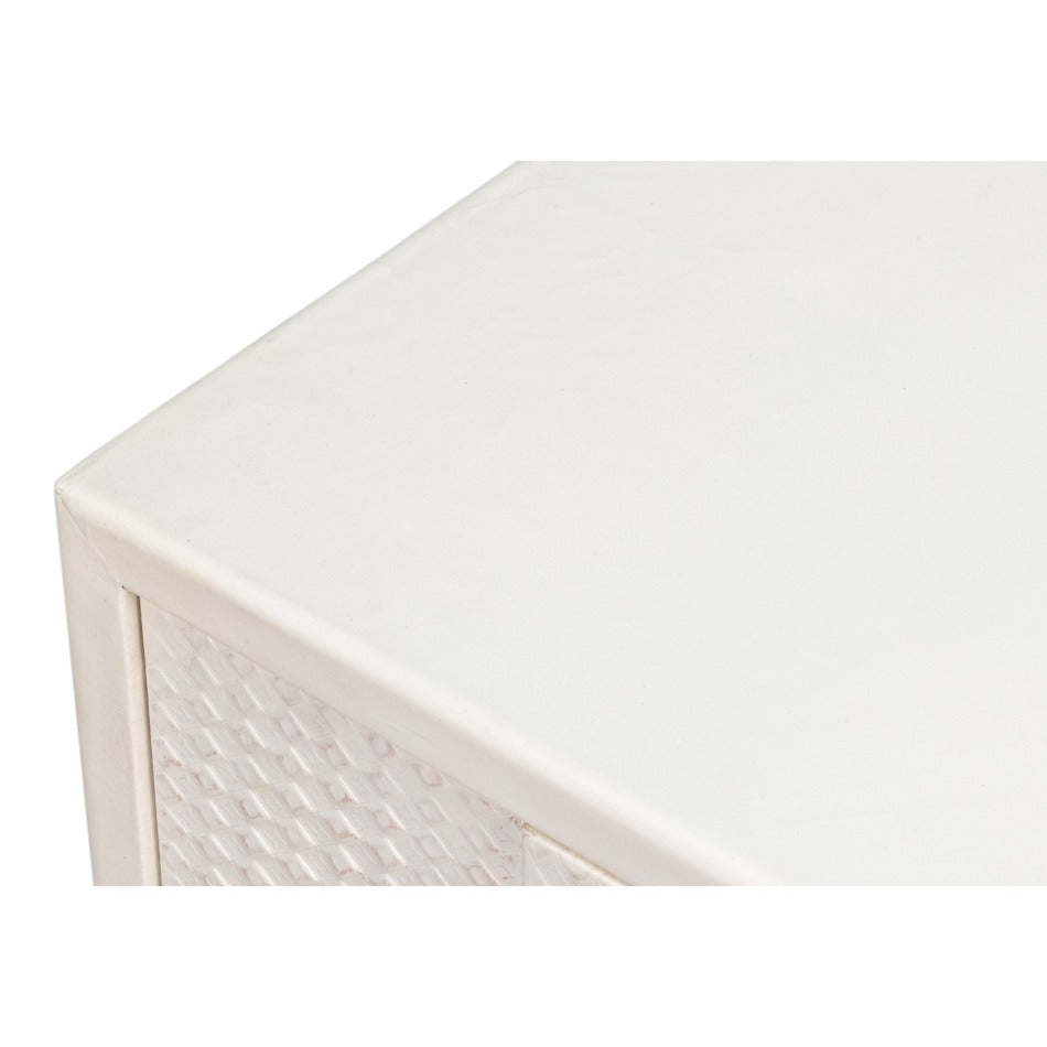 Small Embossed White Credenza – Textured Doors on Polished Metal Sled Base - additional view