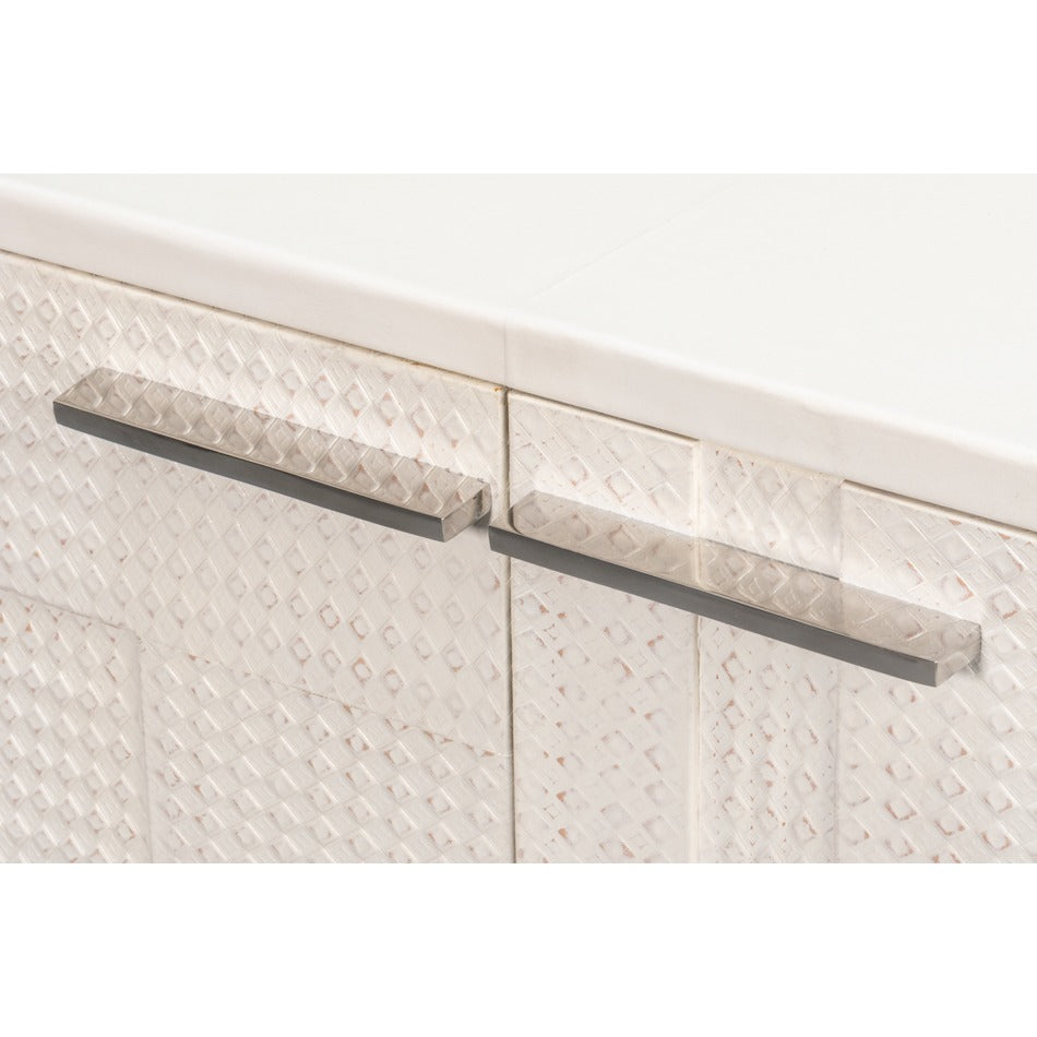 Small Embossed White Credenza – Textured Doors on Polished Metal Sled Base - additional view