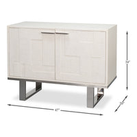 Small Embossed White Credenza – Textured Doors on Polished Metal Sled Base - dimension drawing