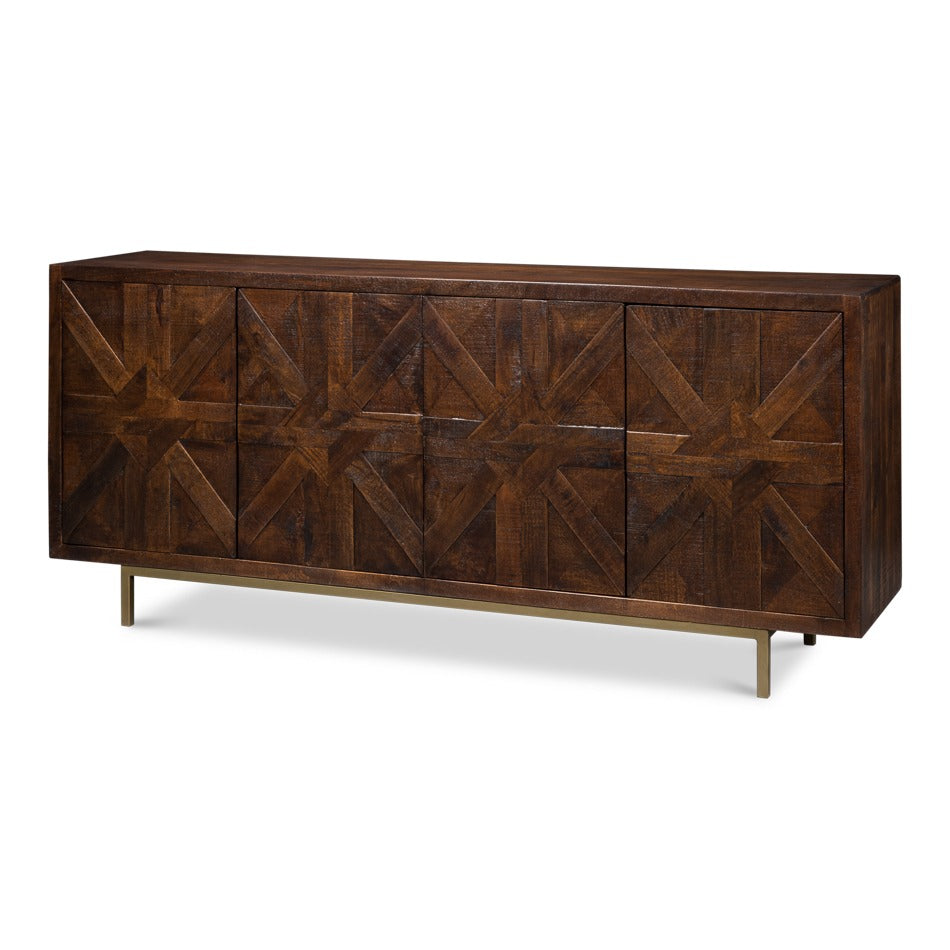 transitional four-door sideboard in dark brown mangowood with geometric X-pattern inlay across the doors and a brushed brass plinth base
