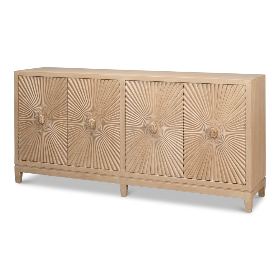 Carved four-door sideboard with sunburst panels in natural mango finish