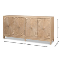 Carved Four-Door Sideboard, 76 in – Sunburst Panels in Natural Mango - dimension drawing