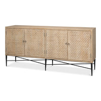 Four-door sideboard in tan mango wood with hand-carved scalloped relief facade on a black metal base