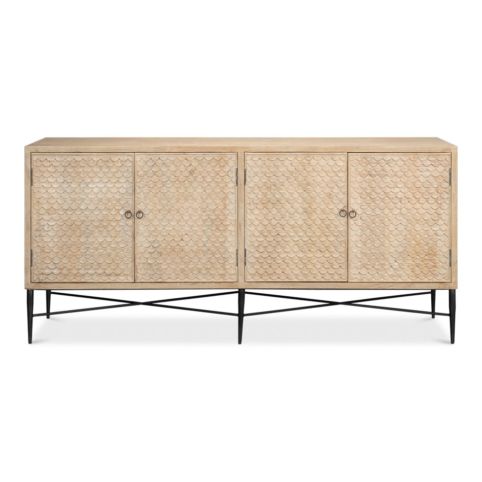 Carved Four-Door Sideboard – Tan Mango Wood with Scalloped Relief Front - additional view