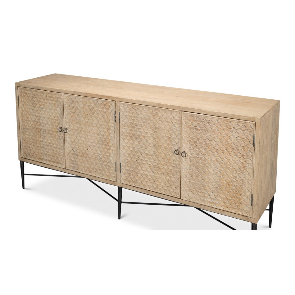 Carved Four-Door Sideboard – Tan Mango Wood with Scalloped Relief Front - additional view
