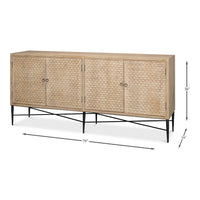 Carved Four-Door Sideboard – Tan Mango Wood with Scalloped Relief Front - dimension drawing
