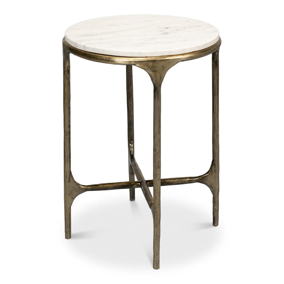 Marble top round tripod end table with aged brass-coated iron base