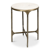 Marble top round tripod end table with aged brass-coated iron base