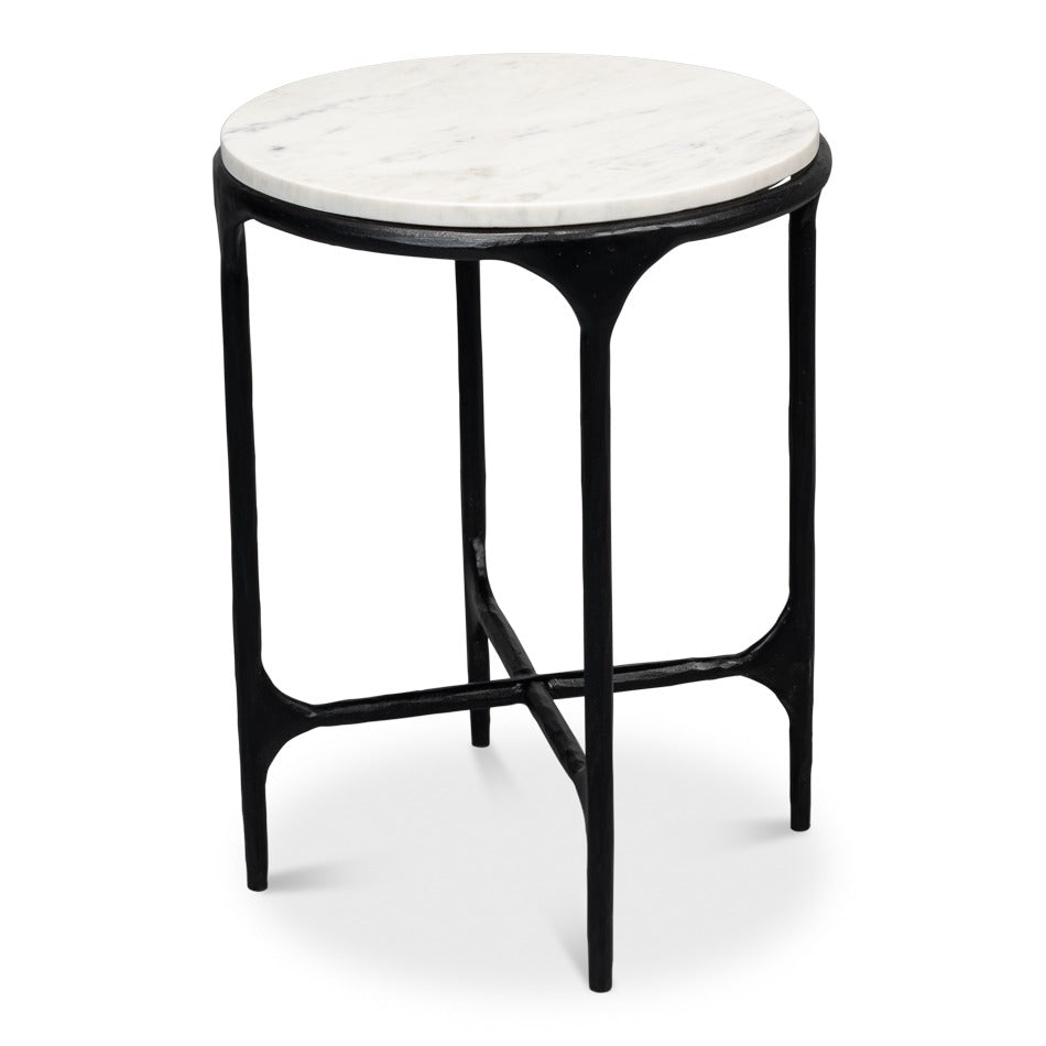 Marble top round end table with slim forged iron base in a blackened finish