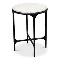 Marble top round end table with slim forged iron base in a blackened finish