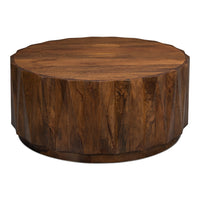 Round organic modern cocktail table in warm brown mango wood with solid drum pedestal base