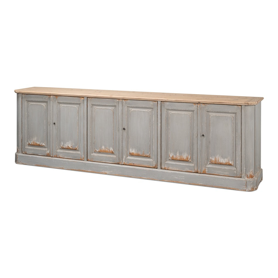 Large French Provincial Sideboard, 119" – Distressed Grey Pine with Natural Wood Top – styled view