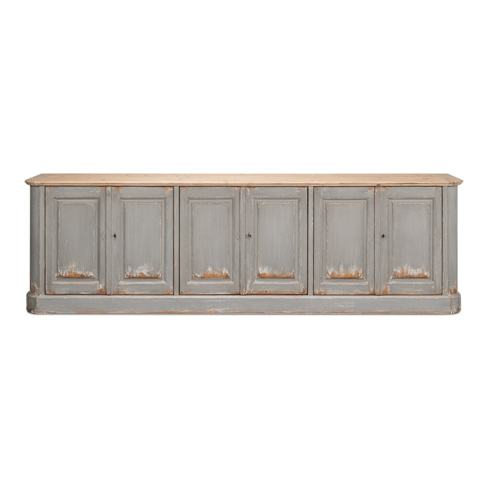Large French Provincial Sideboard, 119" - Distressed Grey Pine with Natural Wood Top - additional view