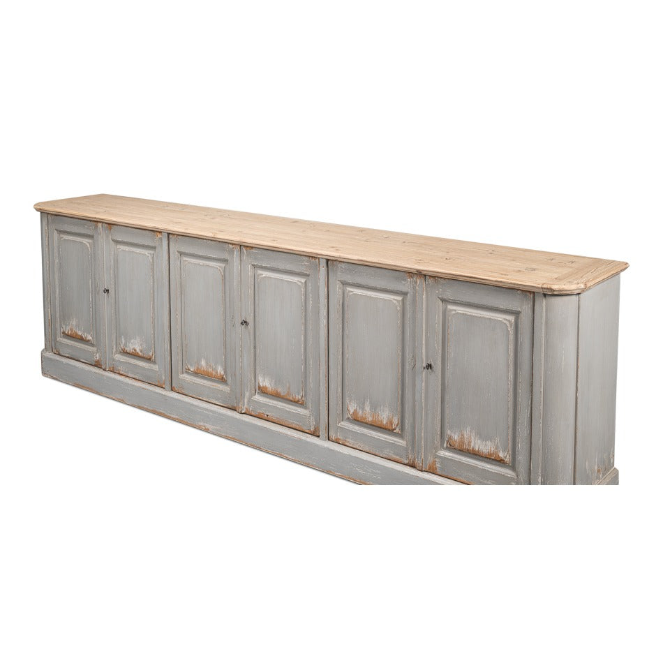 Large French Provincial Sideboard, 119" - Distressed Grey Pine with Natural Wood Top - additional view