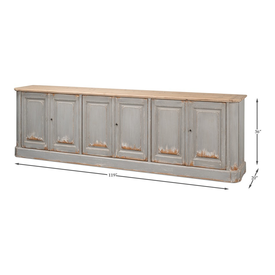 Large French Provincial Sideboard, 119" - Distressed Grey Pine with Natural Wood Top - dimension drawing