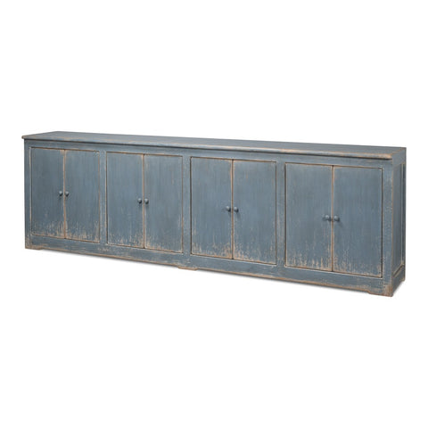 Farmhouse Eight-Door Sideboard, 122" - Distressed Blue-Grey Reclaimed Pine