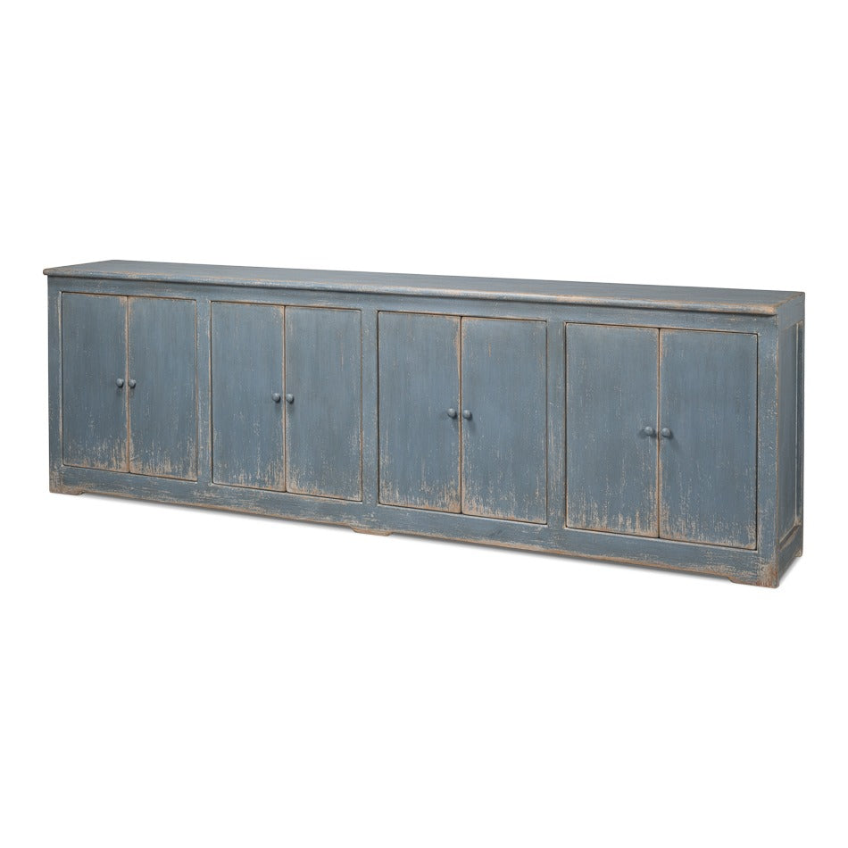 Farmhouse Eight-Door Sideboard, 122" – Distressed Blue-Grey Reclaimed Pine – styled view
