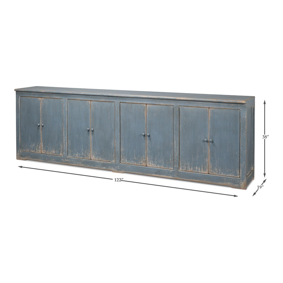 Farmhouse Eight-Door Sideboard, 122" – Distressed Blue-Grey Reclaimed Pine - dimension drawing