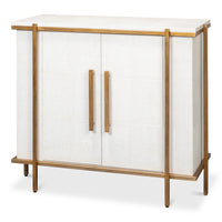 transitional two-door chest with a soft white leather-wrapped case, warm wood trim framing the doors, and straight wood legs