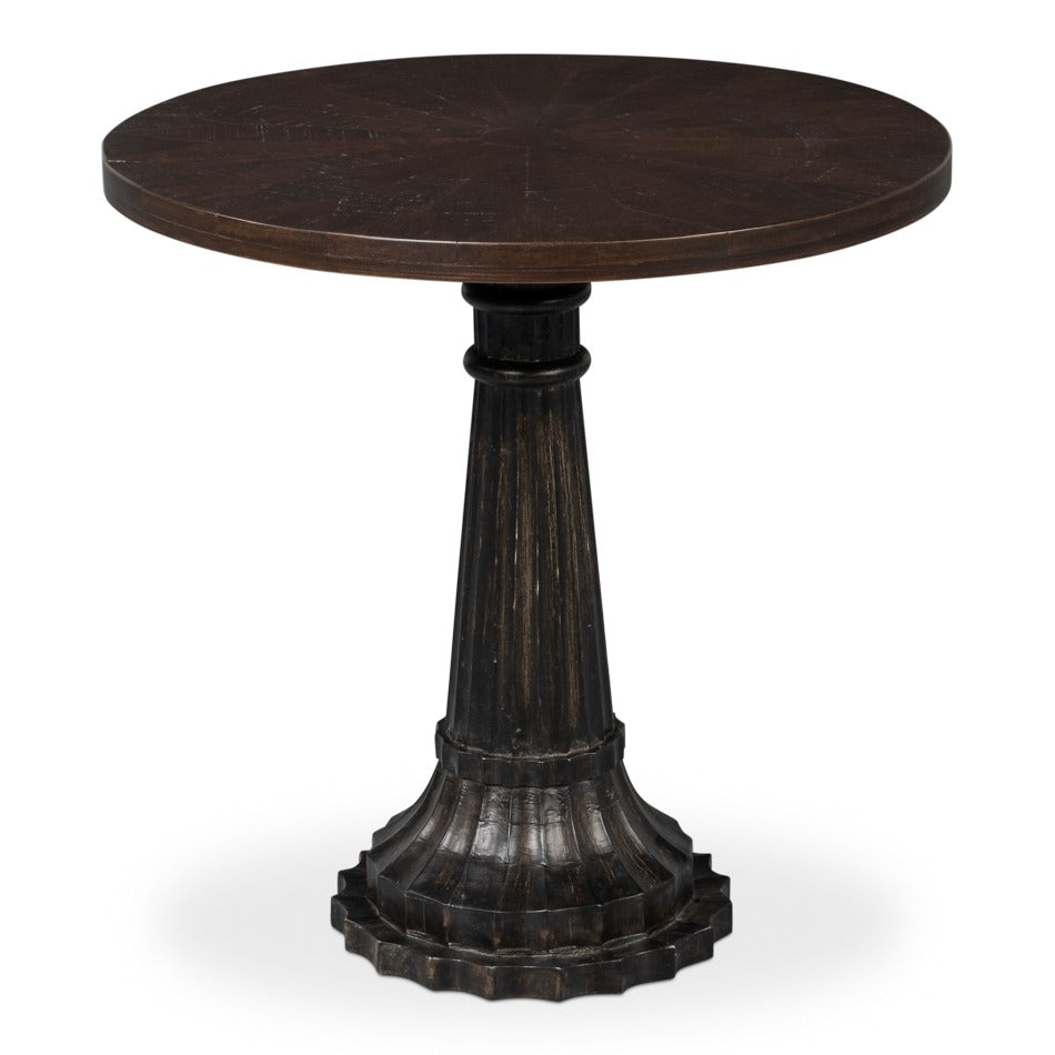 Inlaid mango wood round pedestal end table in antique walnut finish