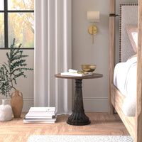 Inlaid Mango Wood Round Pedestal End Table - additional view