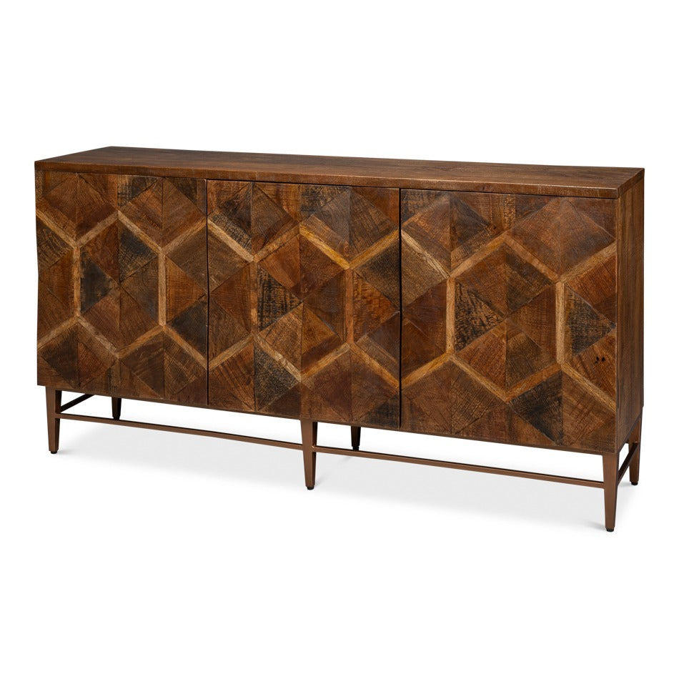 transitional three-door sideboard in warm brown mangowood with a geometric cube inlay pattern across the doors and tapered legs