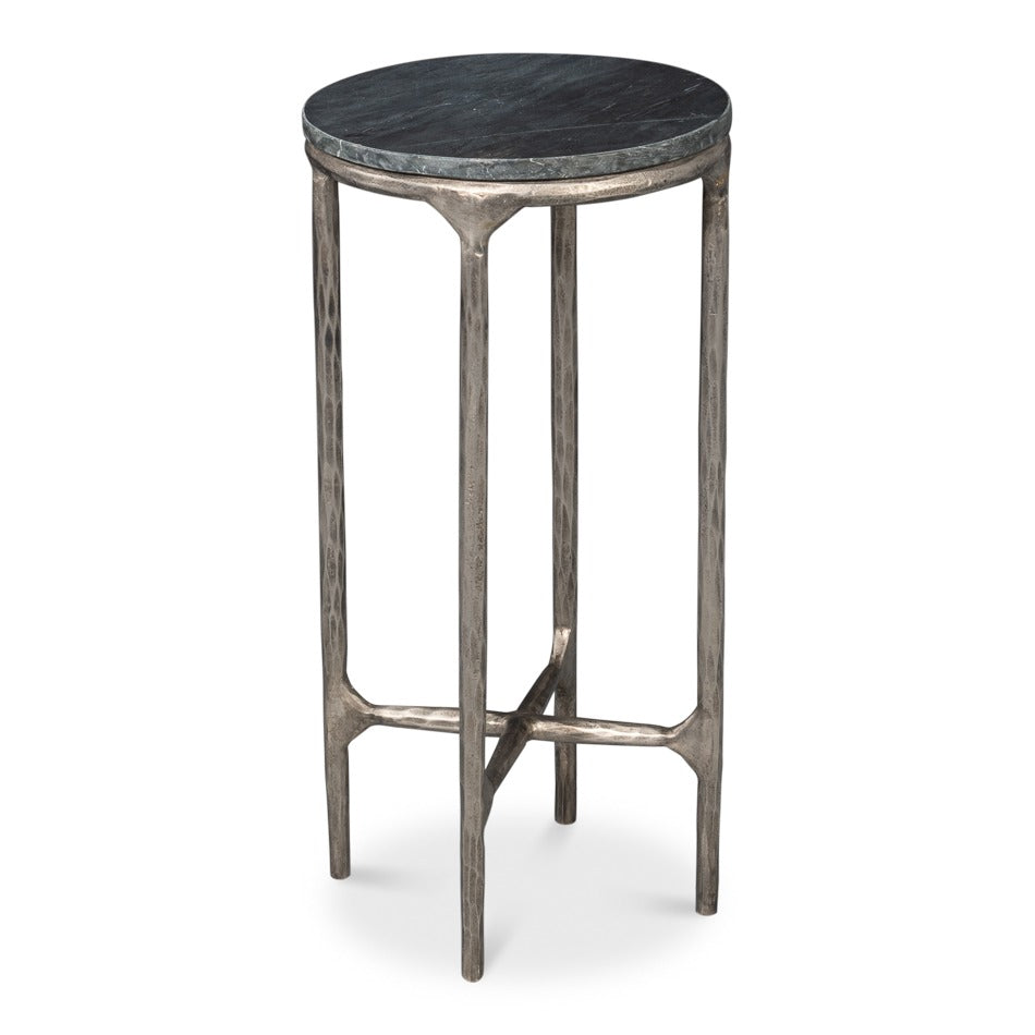 iron end table with marble top in black finish with X-stretcher base