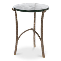 Aged bronze round side table with cast glass top and forged iron tripod base